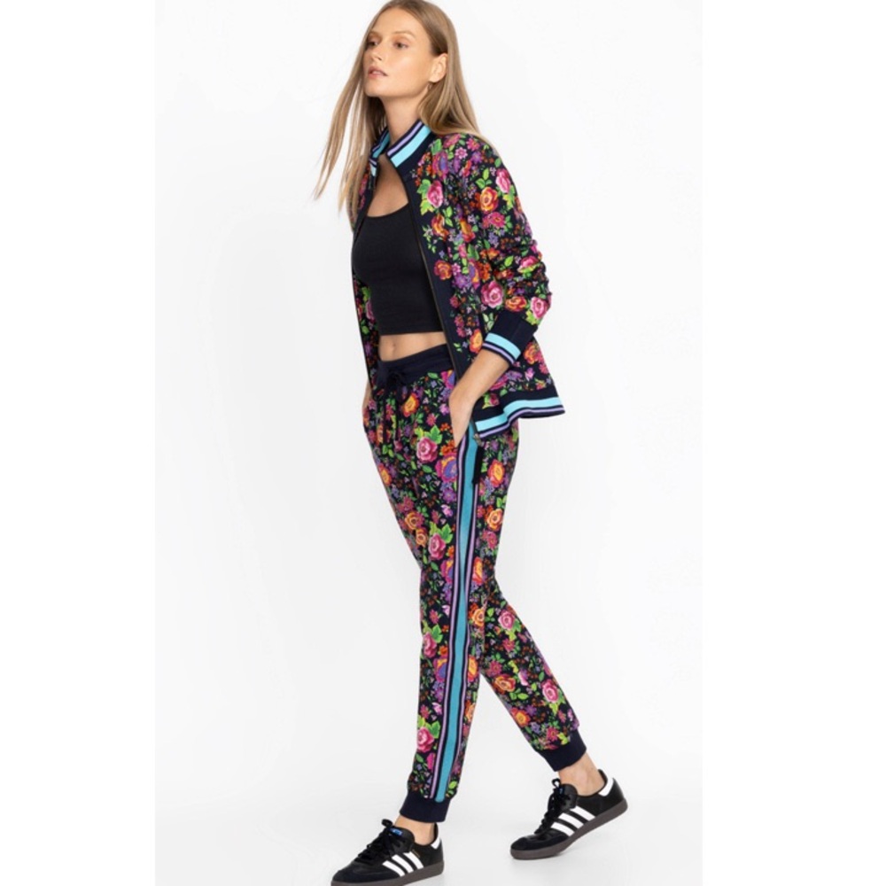 Johnny Was Floral Track Pants with Blue Stripes